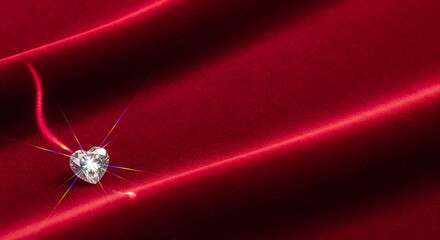 Heart shaped diamond on red velvet fabric with wide copy space for jewelry