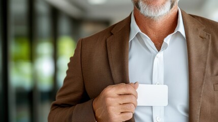 A confident businessman in a brown suit displays a blank ID card near his chest, showcasing professionalism and readiness, ideal for corporate themes and identity concepts.