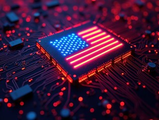 Neon blue red motherboard background with USA flag on CPU closeup