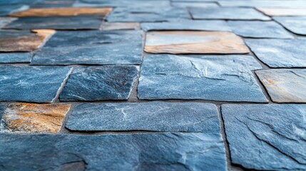 A detailed close-up of a slate stone surface reveals beautiful textures and colors, highlighting the beauty of natural materials and their use in modern design.