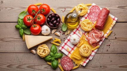 Heart-shaped arrangement of fresh Italian ingredients and cured meats symbolizing love for food.