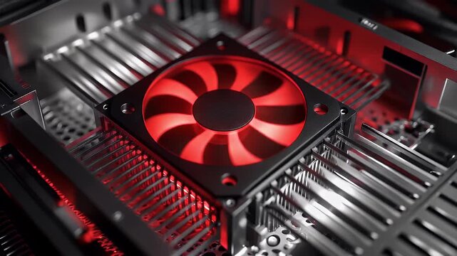 A spinning computer cooling fan illuminated with aggressive red LED light inside a sleek metal chassis, emphasizing powerful performance and advanced technology.