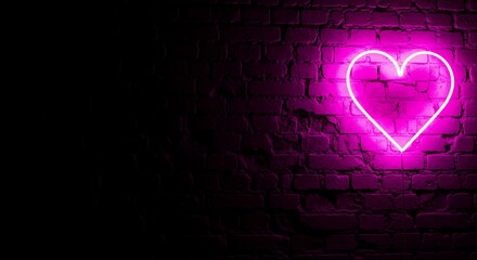 Neon pink heart on dark brick wall with wide negative space for event promotion