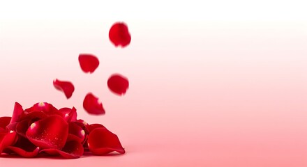 Red rose petals on soft pink background with copy space for Valentine's Day theme