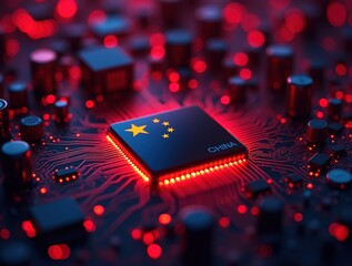 Neon blue red motherboard background with China flag on CPU closeup