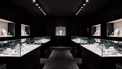 ゴールドとダイヤモンドが並ぶ高級ジュエリーショップ店内を捉えた洗練されたインテリア写真