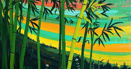 Vibrant Bamboo Forest Abstract Painting in Bold Green and Neon Sunset Hues, Modern Zen Nature Illustration for Contemporary Eco-Friendly Decor and Artistic Background