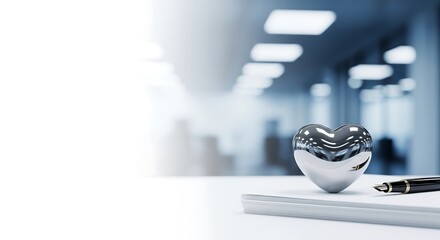 Silver heart paperweight on office desk with large negative space for corporate Valentine