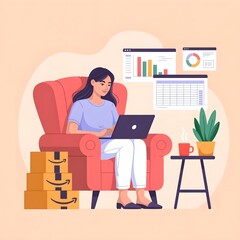 Woman working on laptop in armchair with stacks of boxes home remote