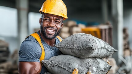 A muscular construction worker in a yellow hard hat exudes confidence while lifting bags of concrete, showcasing strength and determination in his craft.