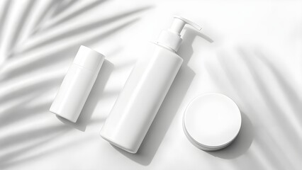 White Skincare Bottles and Jar with Leaf Shadows cosmetic beauty