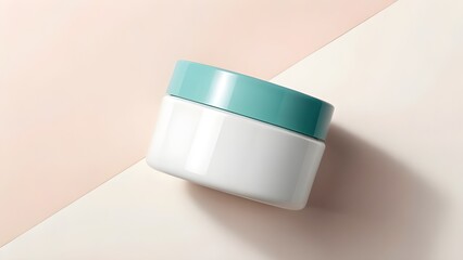 White cosmetic jar with teal lid on pastel background cream skincare