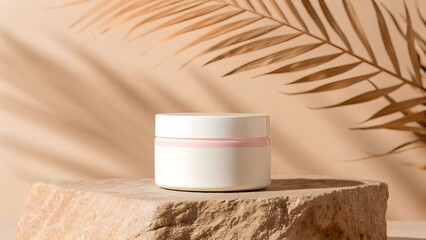 White cosmetic jar with pink stripe on stone pedestal cream skincare