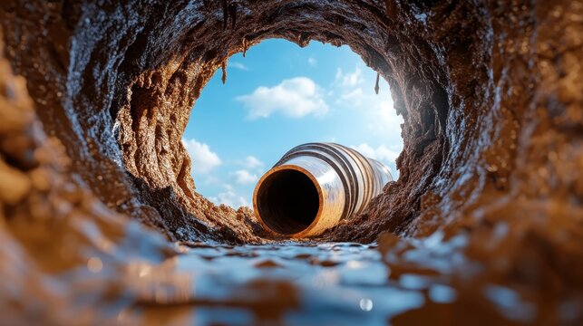 This image showcases a view from inside a pipe leading towards a bright sky, symbolizing both curiosity and the journey towards enlightenment and exploration.