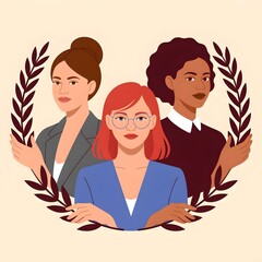 Three diverse women framed by laurel branches diversity unity