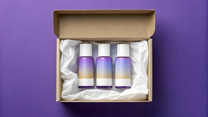 Three cosmetic bottles in a box with white tissue paper on purple background container