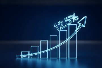 Neon blue bar graph showing 12.5 percent increase with upward arrow chart growth