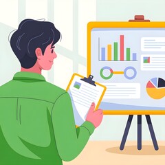 Man in green shirt holding clipboard near presentation board business meeting