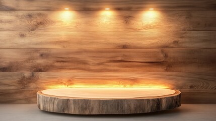 Fototapeta premium A beautifully illuminated wooden display shelf with warm lighting, providing a natural and cozy aesthetic ideal for showcasing products in a retail or home setting.