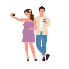 Fototapeta premium Happy husband and wife or young couple standing together to take selfie vector illustration