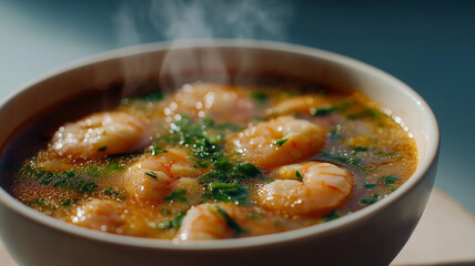 seafood soup in white bowl, visible shrimp