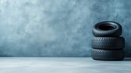 A stack of four black tires is positioned against a textured gray wall, creating a modern and minimalistic aesthetic that represents reliability and strength.
