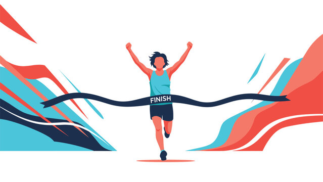 Athletic runner breaking through the finish line ribbon at the end of a race with abstract colorful waves representing speed and victory in competition.
