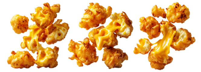 Golden crispy deep-fried cheese balls curds with melted cheese filling, isolated on white background, United States dishes