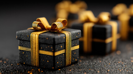 Seasonal shopping concept with black boxes golden ribbons for Black Friday Cyber Monday deals