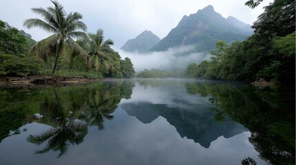 Serene tropical landscape with misty mountains and reflection on calm river