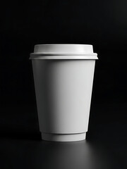 White paper coffee cup with lid on dark surface transparent background