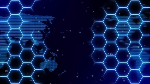 A futuristic digital representation of the map composed of blue dots is overlaid with a glowing neon blue hexagonal grid pattern and scattered dollar signs suggesting global finance and technology