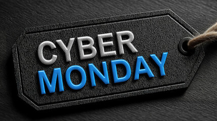 Online shopping concept with bold Cyber Monday letters on dark black tag for retail promotion