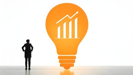 Businessman Looking at Giant Light Bulb with Growth Chart silhouette idea