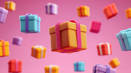 Vibrant Cyber Monday banner with digital gifts floating and contrasting colored gift boxes