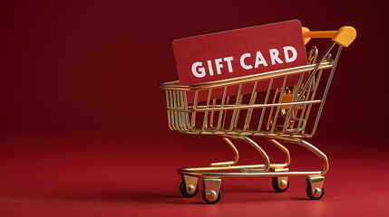 Black Friday banner featuring golden shopping cart with gift card on red festive backdrop