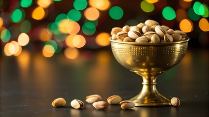 Bowl of pistachios with bokeh lights in the background nuts snack