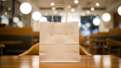 White paper shopping bag on wooden table in restaurant transparent background