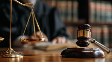 Legal scales and gavel on wooden table