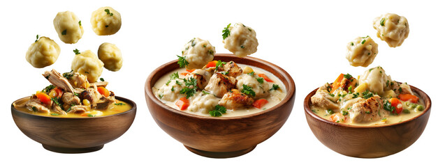 Hearty chicken and dumplings soup with peas and carrots in wooden bowl, floating dumplings, isolated on white background