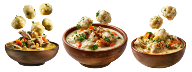 Hearty chicken and dumplings soup with peas and carrots in wooden bowl, floating dumplings, isolated on white background