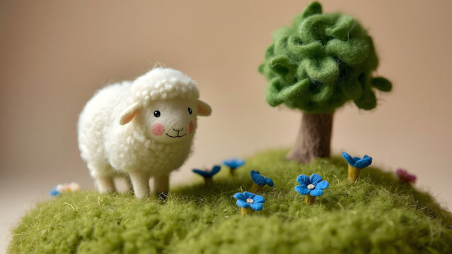 Whimsical felted wool sheep figurine on green landscape with tree, soft toy craft
