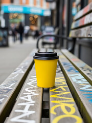 Yellow coffee cup on graffiti bench outdoors transparent background