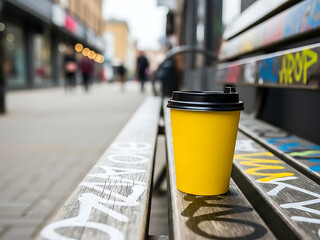 Yellow coffee cup on a graffiti covered bench outdoors transparent background