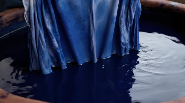 Traditional indigo dyeing process dipping white fabric into blue dye vat