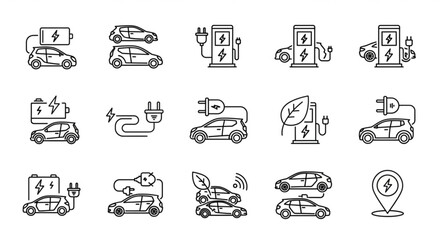 Collection of electric car icons symbolizing charging, battery power, eco friendly transportation, and smart mobility with a sleek modern outline style