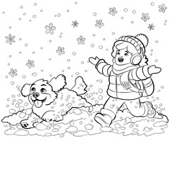 Black Line Art of Little Girl Playing With Dog in the Snow with Transparency