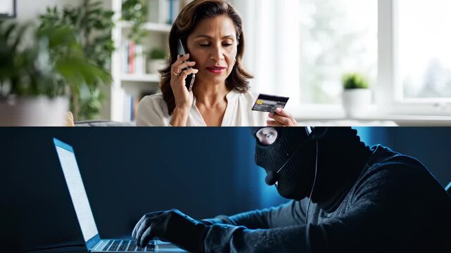  African-American woman holding credit card and talking on phone with scammer at home, senior female victim of online crime, cyber fraud and internet financial scam concept