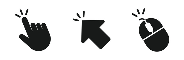 Obraz premium Click and cursor icon set in outline and silhouette style, including hand pointer, arrow cursor and mouse click symbols, vector illustration.