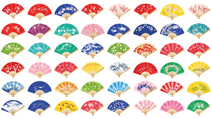 Vast array of beautifully patterned traditional Japanese folding fans, showcasing diverse cultural designs and colors in a neat grid display.